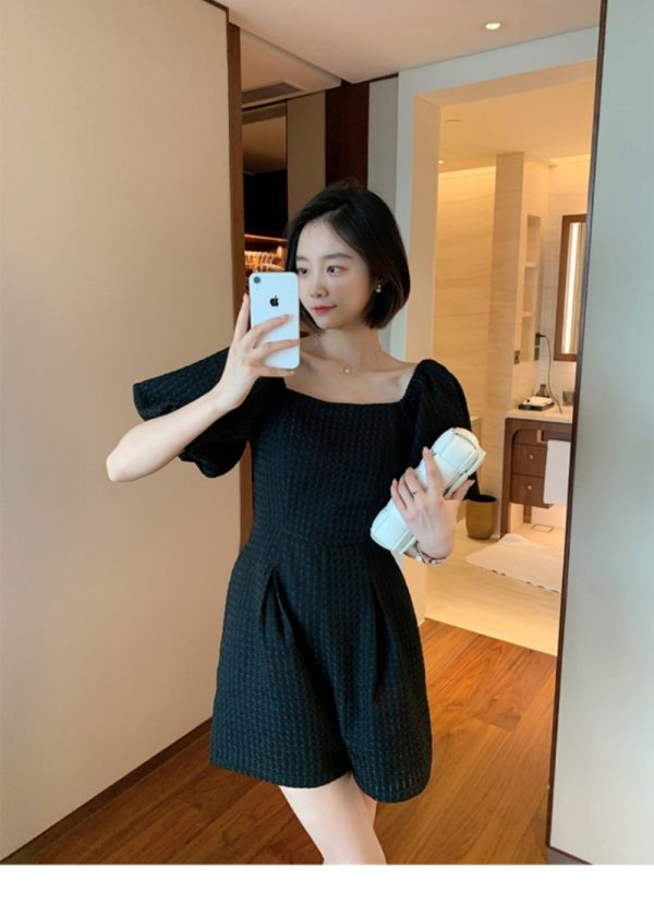 France style black puff sleeve leotard summer slim jumpsuit
