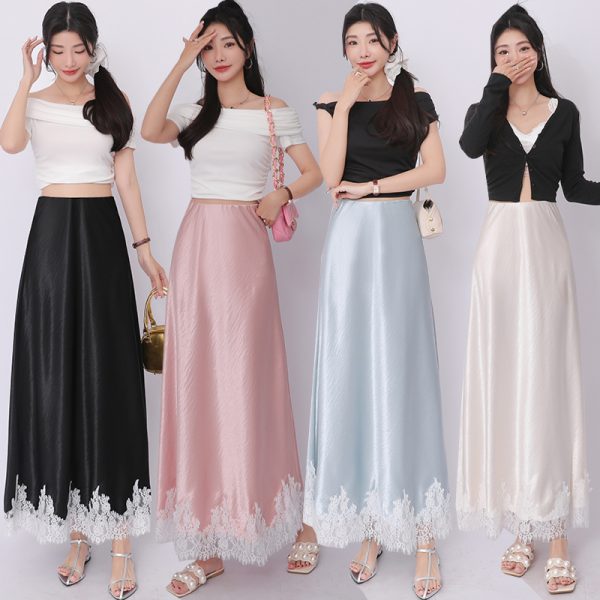 High waist satin lace package hip A-line drape skirt