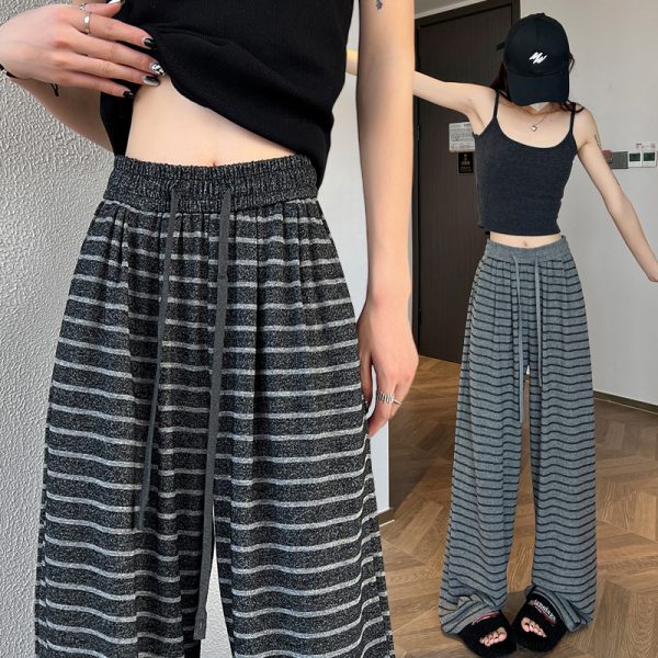 Lazy stripe wide leg pants slim elastic pants for women