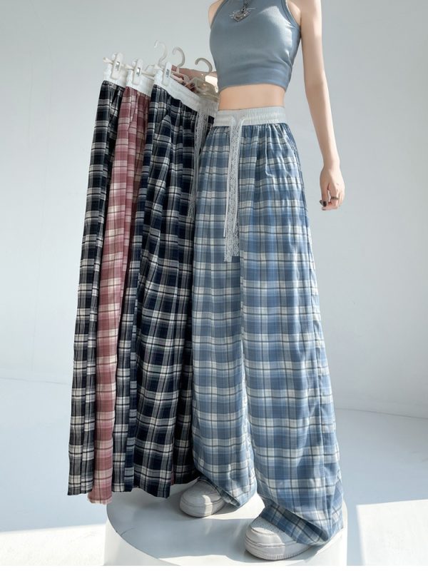Plaid high waist pants drawstring wide leg pants for women