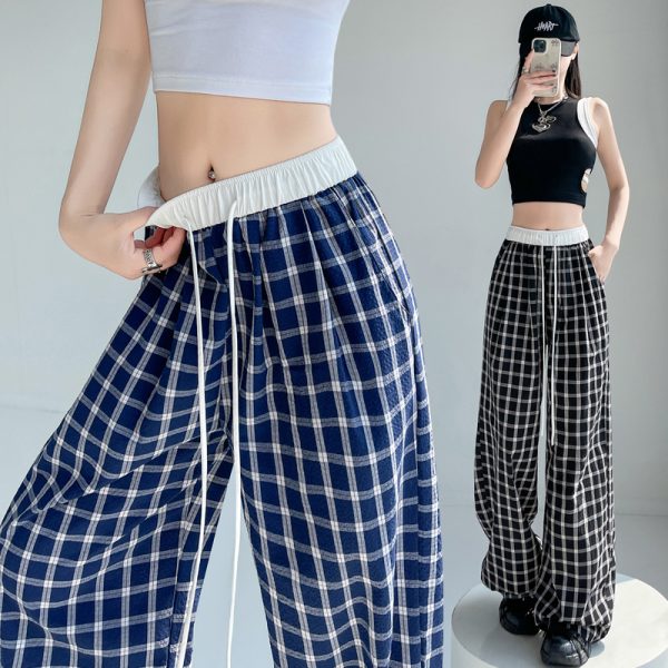 Spring and summer plaid pants wide leg pants