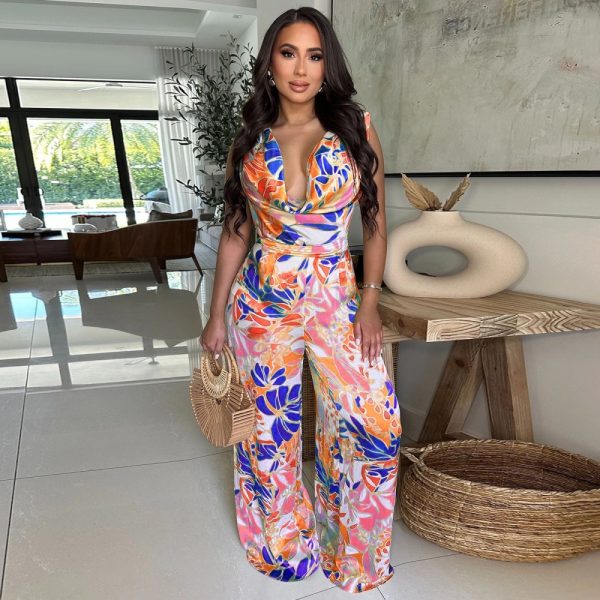 Printing European style wide leg sleeveless jumpsuit for women
