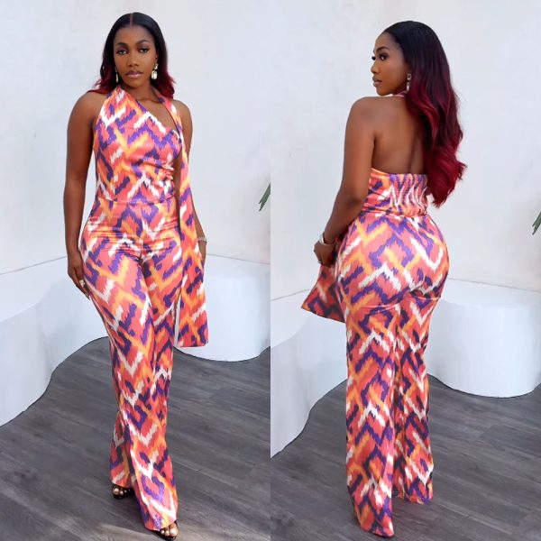 Elasticity slim printing wide leg elegant jumpsuit
