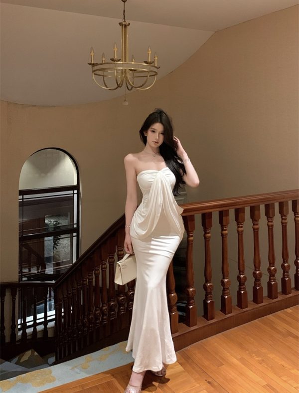 Mermaid slim long wrapped chest white dress