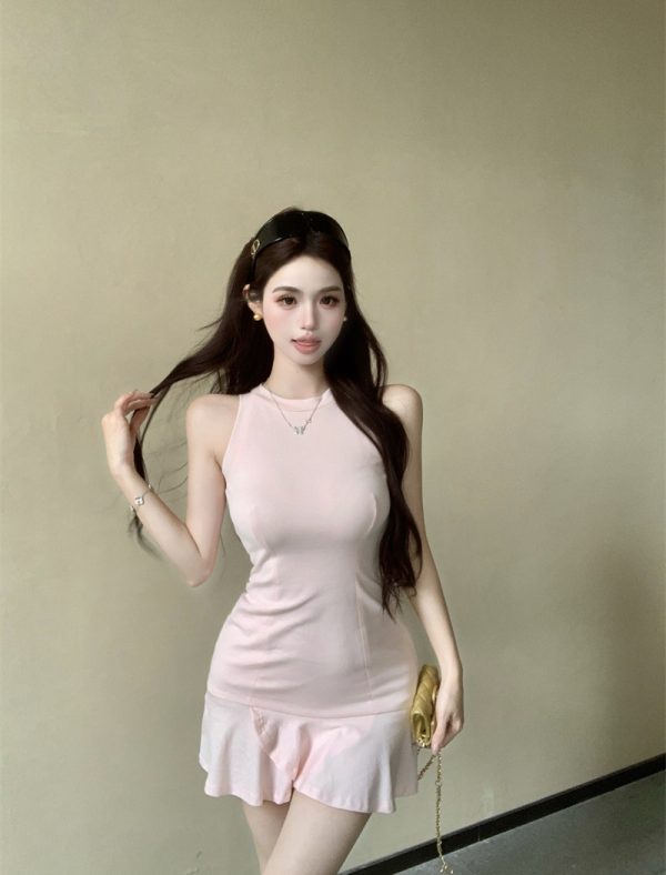 Package hip pinched waist dress sleeveless vest for women