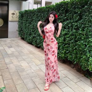 Vacation slim spring long dress V-neck rose dress for women
