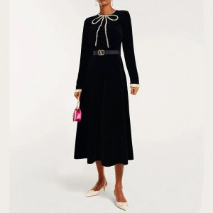 Bow spring dress bottoming elegant long dress for women