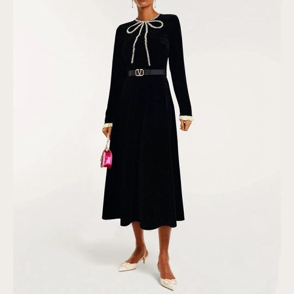 Bow spring dress bottoming elegant long dress for women