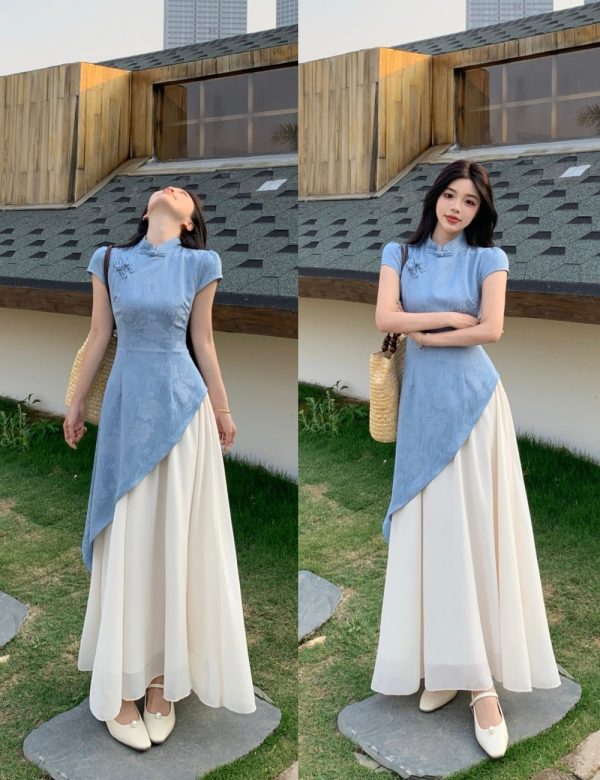 Pseudo-two dress blue slim cheongsam