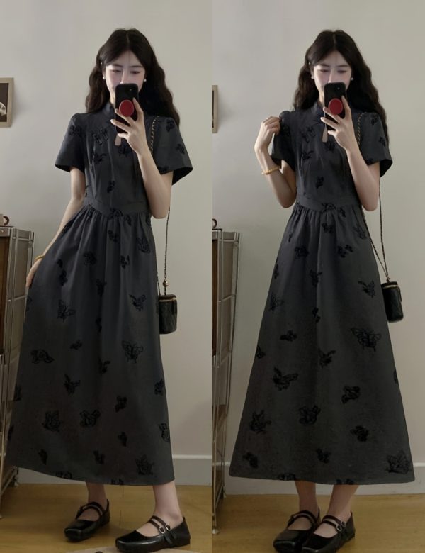 Printing butterfly niche slim long dress