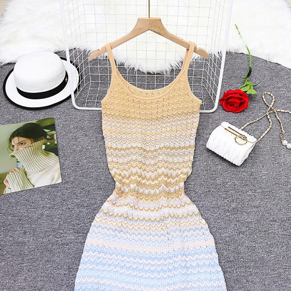 Retro knitted gradient strap dress slim sleeveless dress