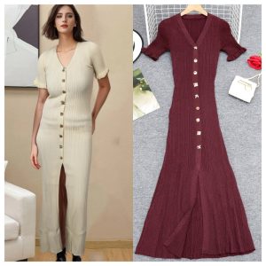Gold line enticement slim knitted V-neck France style dress