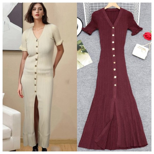 Gold line enticement slim knitted V-neck France style dress