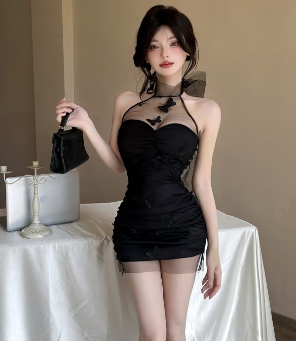 Sexy gauze package hip printing halter short dress