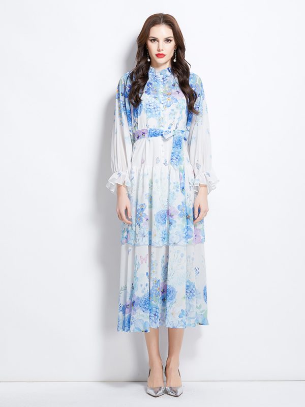 Long sleeve cake pinched waist fungus collar painting dress