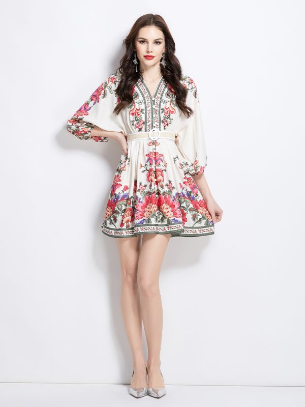 V-neck temperament elegant printing dress