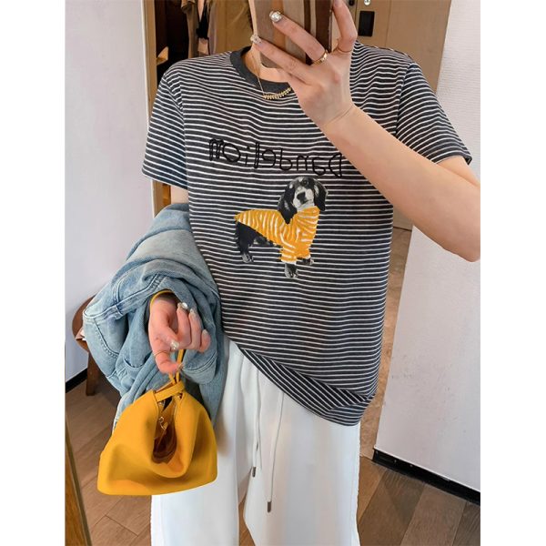 Casual loose all-match tops summer stripe T-shirt for women