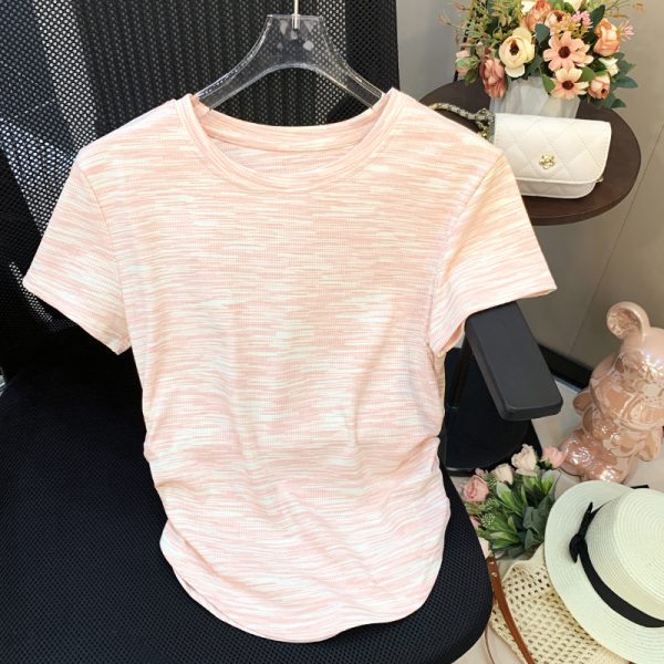 Irregular stripe short T-shirt fold short sleeve unique tops
