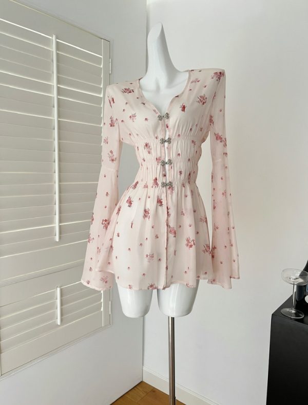 Floral pinched waist shirt summer small shirt