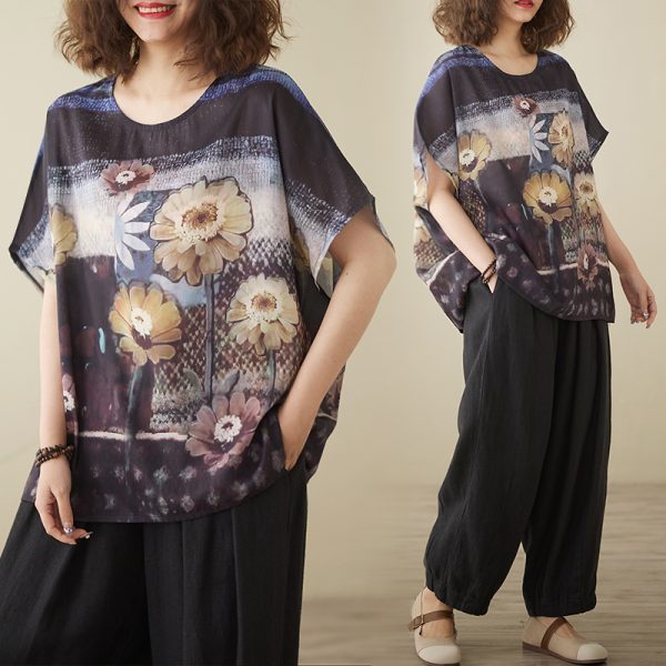 Large yard printing T-shirt round neck short sleeve tops