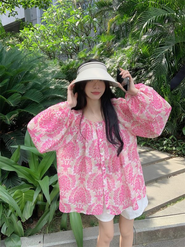 Chiffon unique slim shirt floral summer sunscreen tops