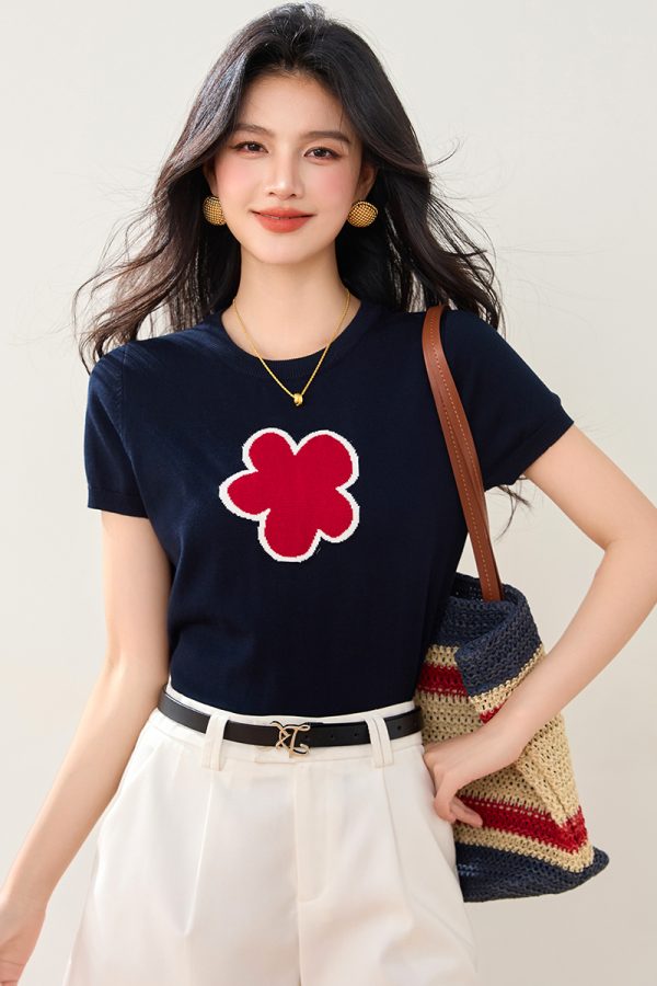 Commuting short sleeve knitted sweater summer flowers T-shirt