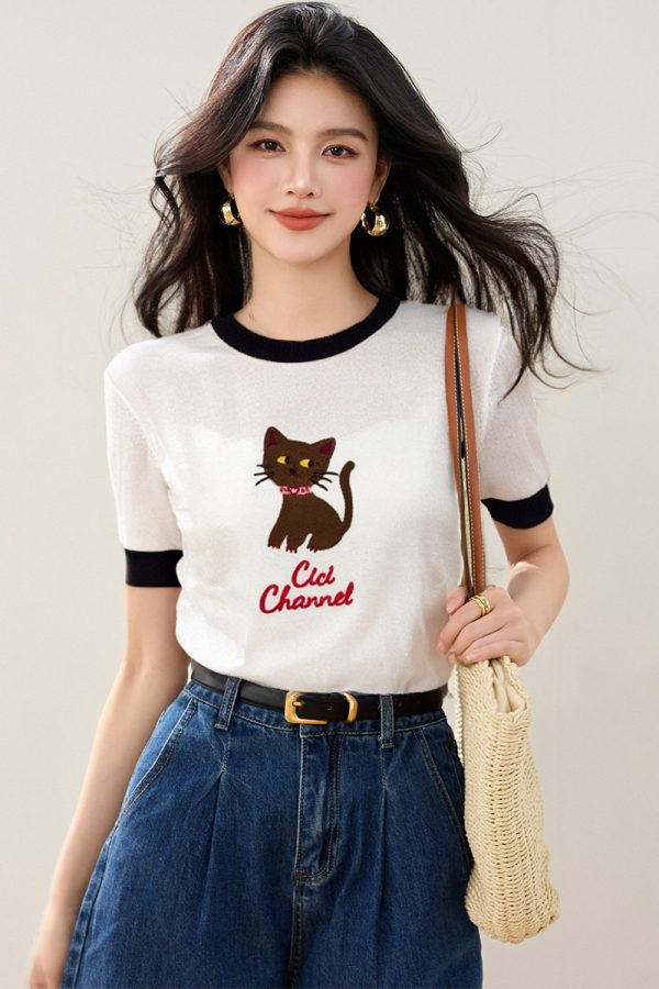 Kitty short sleeve tops embroidered T-shirt