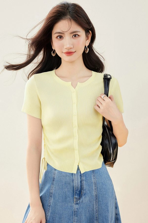 High waist short sleeve short tops V-neck slim summer T-shirt