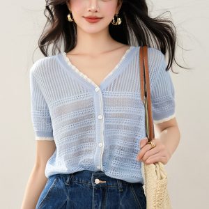 Ice silk knitted loose tops summer fashion T-shirt