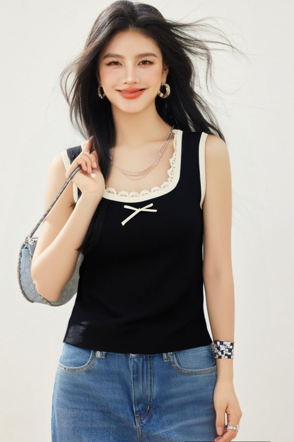 Short bow slim vest lace all-match sling tops for women