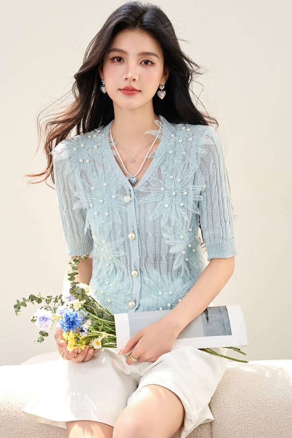 Beading flowers cardigan knitted short sleeve tops