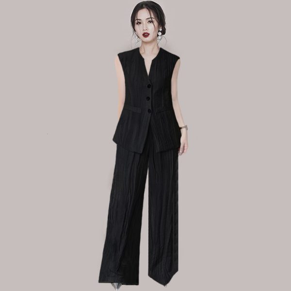 Sleeveless wide leg pants business suit 2pcs set for women