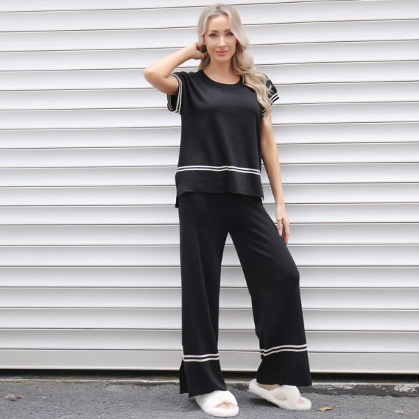 Short sleeve sweater fashion wide leg pants 2pcs set