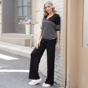 Knitted knitwear long pants European style T-shirt 2pcs set