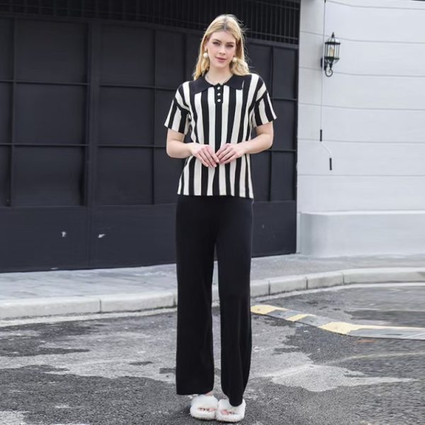 High waist sweater short sleeve wide leg pants 2pcs set