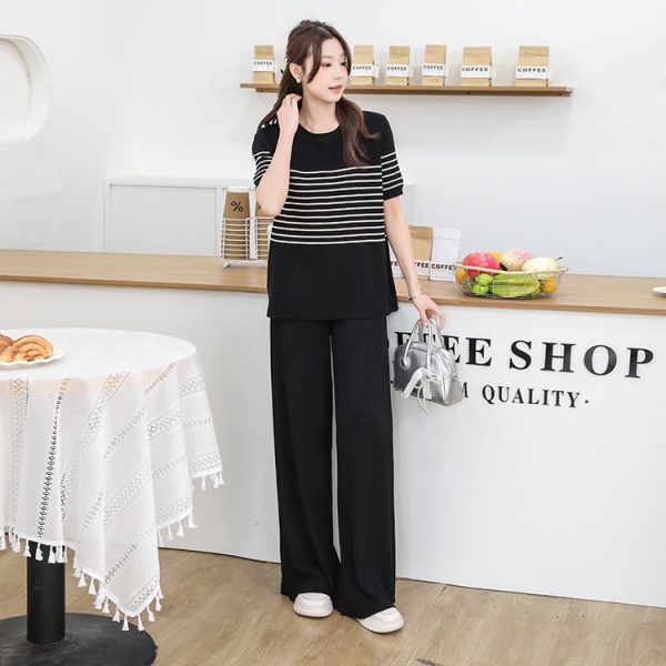 All-match stripe tops fold classic wide leg pants 2pcs set