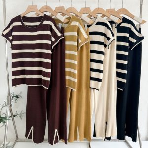 All-match round neck tops knitted stripe long pants 2pcs set