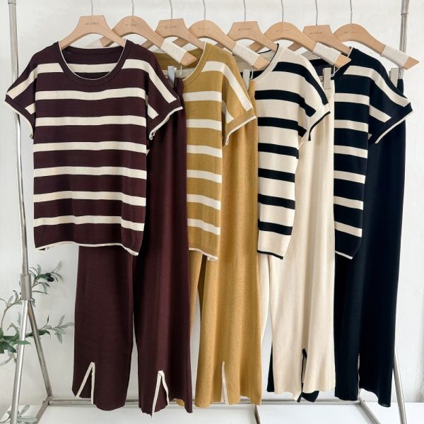 All-match round neck tops knitted stripe long pants 2pcs set