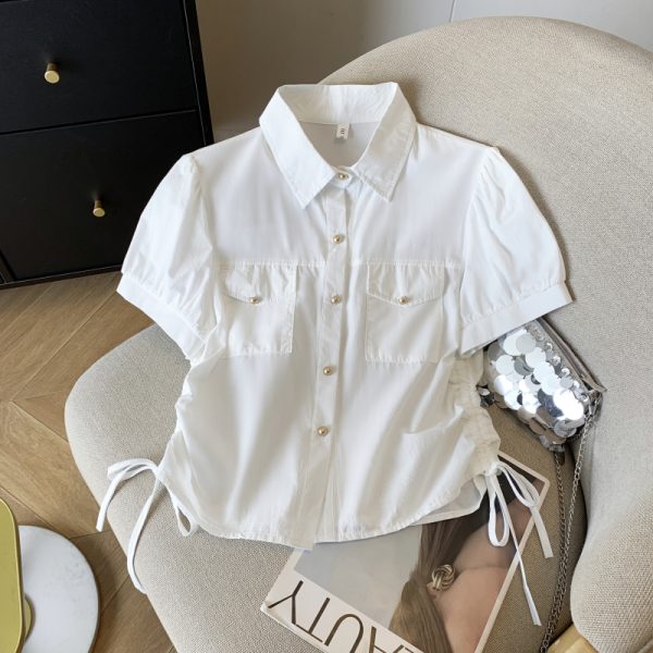 Short sleeve drawstring shirt slim tops for women