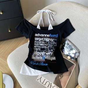 Mixed colors white T-shirt Pseudo-two tops for women