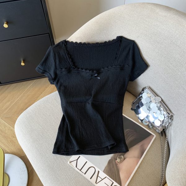 Western style square collar slim all-match short T-shirt