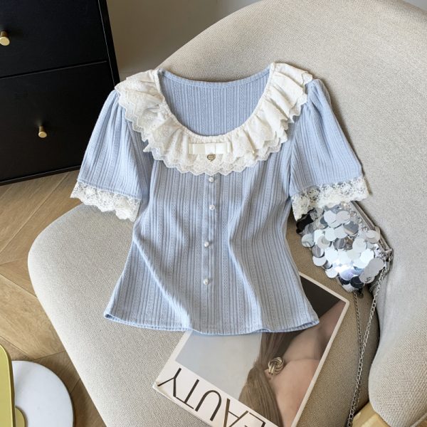 Short sleeve sweet summer slim round neck lace all-match T-shirt