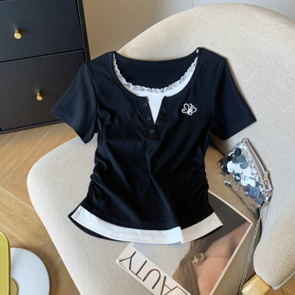 Refreshing splice short sleeve Pseudo-two T-shirt