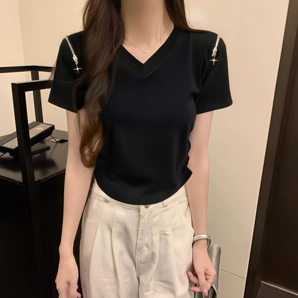 Short unique tops zip Western style T-shirt for women