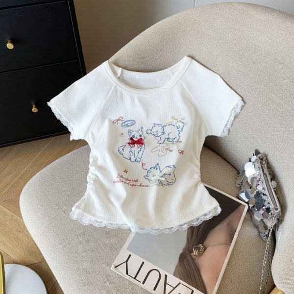 Sweet bow short tops show young lovely slim T-shirt for women
