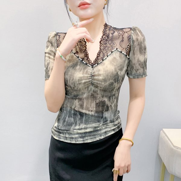 Summer short sleeve T-shirt lace rhinestone tops for women