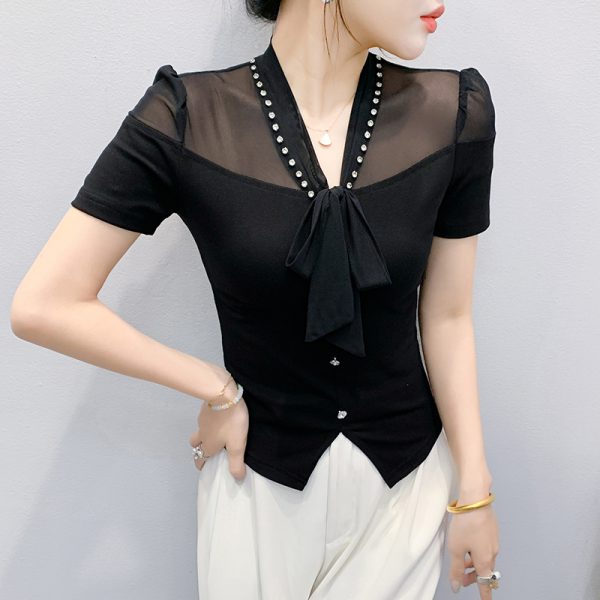 Gauze splice tops beading small shirt for women