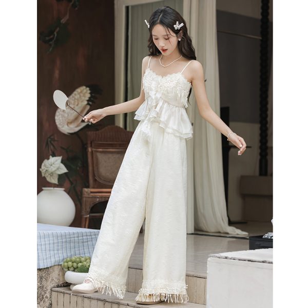 Fold multilayer tops sling wide leg pants a set