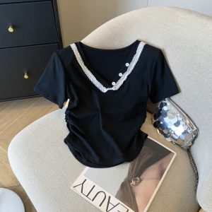 V-neck lace tops summer short sleeve T-shirt for women