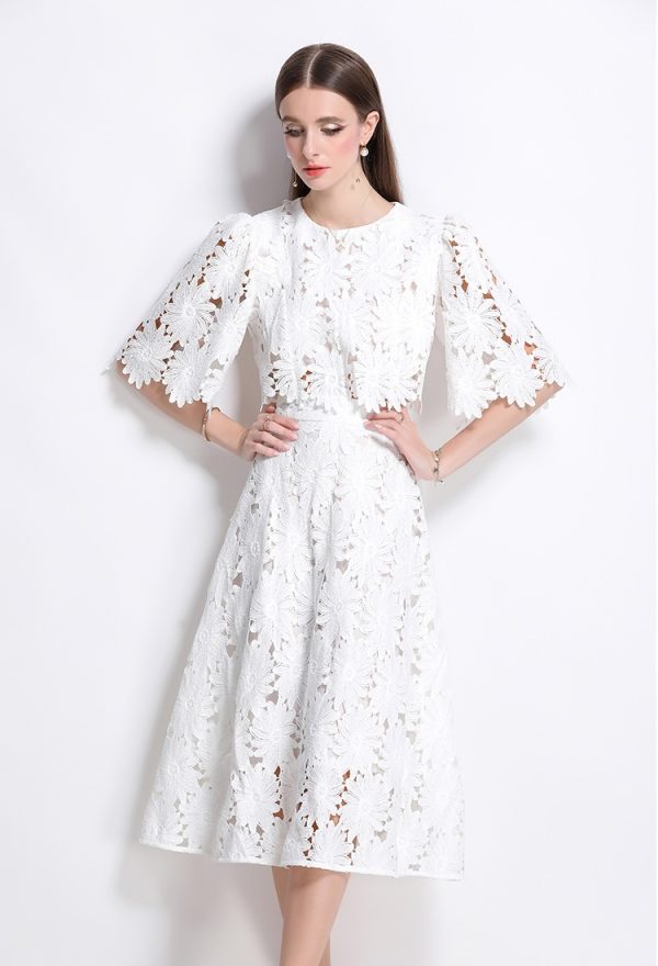 Elegant high waist temperament short hollow tops 2pcs set